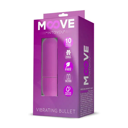 Vibrating Bullet 10 Speeds Purple in packaging by Moove, compact and powerful for solo or partnered use, features ten vibration modes.