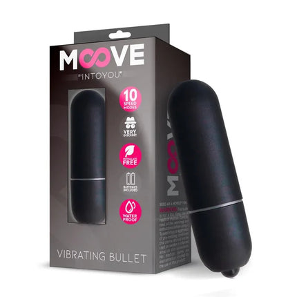 Vibrating Bullet 10 Speeds Black by Moove in packaging, discreet design for enhanced pleasure and comfort, ideal for solo or partner play.
