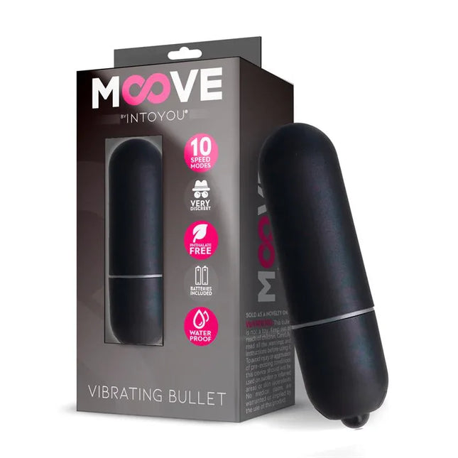 Vibrating Bullet 10 Speeds Black by Moove in packaging, discreet design for enhanced pleasure and comfort, ideal for solo or partner play.