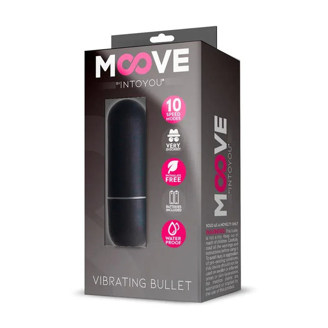 Vibrating Bullet 10 Speeds Black by Moove in packaging for pleasure enhancement, featuring 10 vibration functions and discreet design.