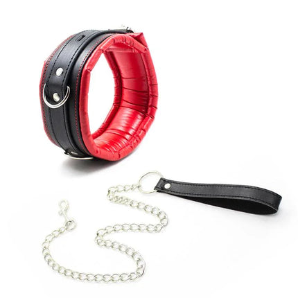 Collar With Metal Leash Padded Interior Red/Black, BDSM collar with red and black design, includes metal leash for added control.