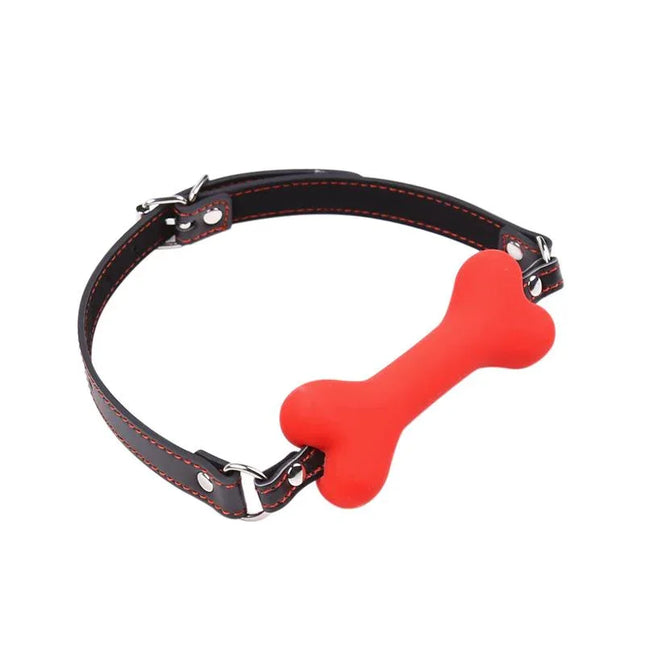Bone Gag Ball Red - bone-shaped gag with adjustable black strap for BDSM play