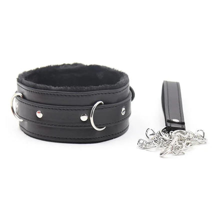 Collar With Metal Leash Black, adjustable leather collar and detachable chain for fashion and bondage use.