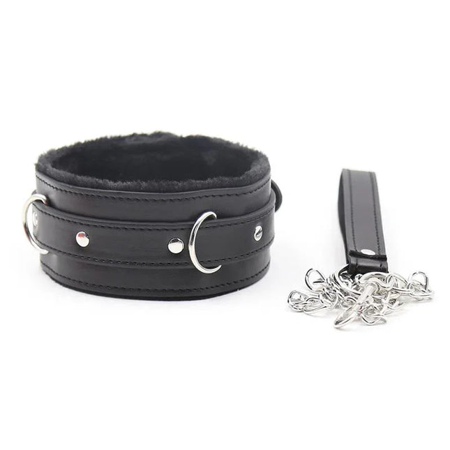 Collar With Metal Leash Black, adjustable leather collar and detachable chain for fashion and bondage use.