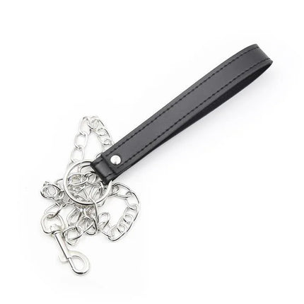 Collar With Metal Leash Black featuring adjustable leather strap and detachable metal chain, designed for versatile bondage play.