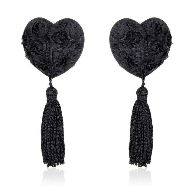 Rose Heart Nipple Covers Black with lace overlay and tassel embellishments, perfect for bold, intimate style.