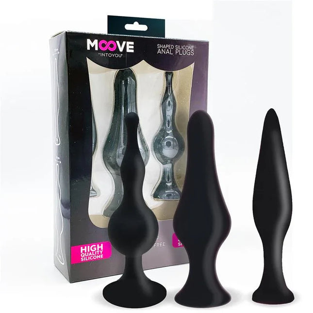 Set of 3 Butt Plugs Black by Moove, silicone training kit for beginners, includes three sizes for progressive sensation and comfort.