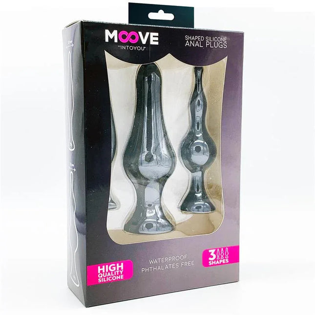 Set of 3 Butt Plugs Black by Moove, featuring high-quality silicone design, waterproof and phthalate-free, ideal for beginners.