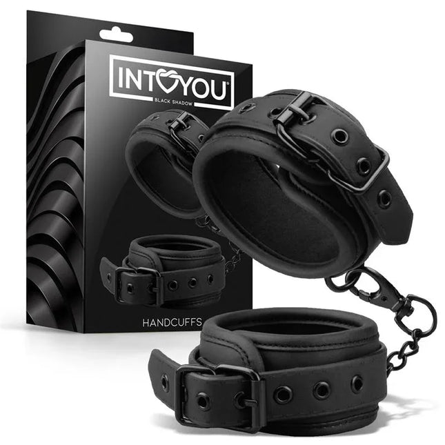 Intoyou Black Shadow Handcuffs Vegan Leather with matte black finish for BDSM play.