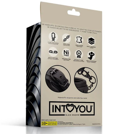 Intoyou Black Shadow Handcuffs Vegan Leather packaging with features and design elements.
