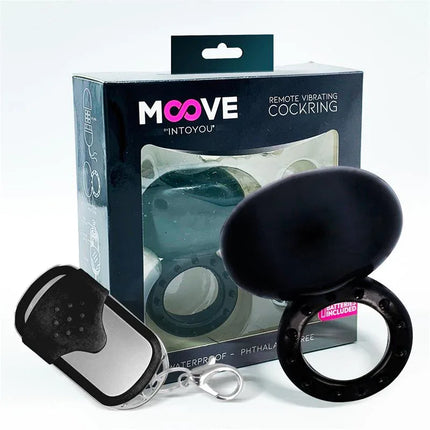 Vibrating Cockring with Remote Control Black by Moove, showing the product packaging and remote control beside the ring.
