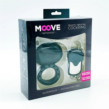 Vibrating Cockring with Remote Control Black by Moove, featuring 10 vibration functions, in packaging. Waterproof and phthalates free.