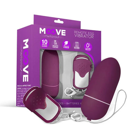 Packaging and contents of Moove Vibrating Egg with Remote Control Dark Purple, featuring wireless design and ten vibration functions.