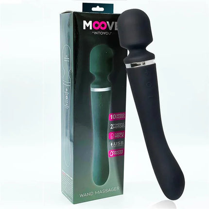Massage Wand with 2 Motors Silicone Black next to its packaging.