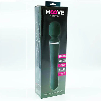 Packaging of Massage Wand with 2 Motors Silicone Black with 10-speed modes and USB charging, featuring Moove branding.
