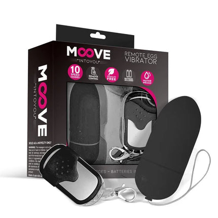 Vibrating Egg with Remote Control Black in packaging with wireless remote, Moove brand, featuring 10 vibration modes for versatile use.