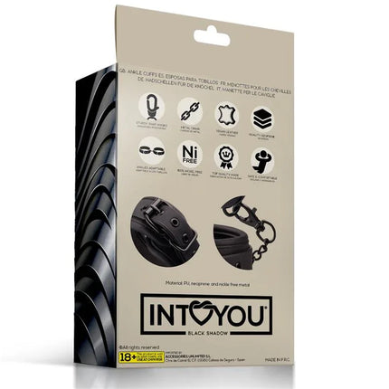 Packaging of Intoyou Black Shadow Ankle Cuffs Vegan Leather featuring matte black design and comfort features.