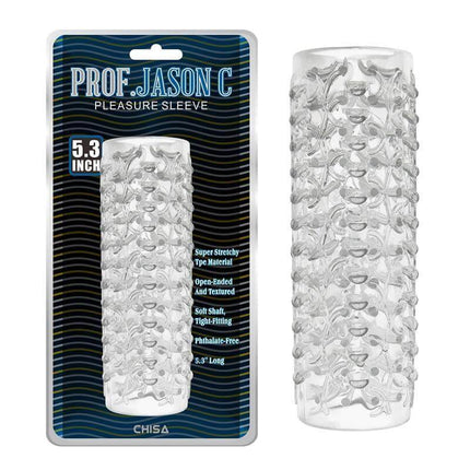 Pleasure Sleeve Textured Masturbator in packaging with textured design for enhanced solo pleasure, phthalate-free TPE material.