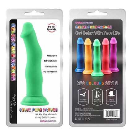 Jolly D Green premium liquid silicone dildo front and packaging showing features and vibrant colors.