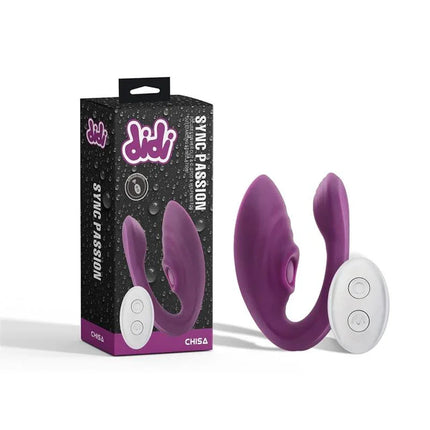 Sync Passion couples vibrator with remote, ergonomic design, and box packaging for shared pleasure.