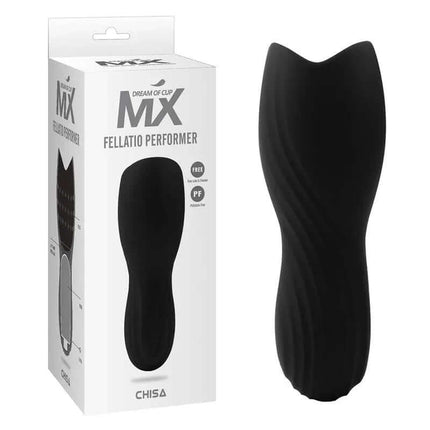 Fellatio Performer toy with box, featuring 10 vibration modes, made of phthalate-free silicone, dimensions 14cm x 5cm.