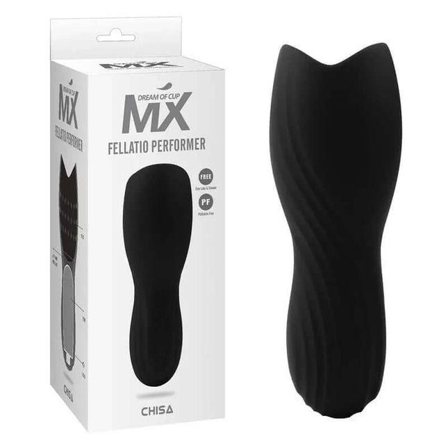 Fellatio Performer toy with box, featuring 10 vibration modes, made of phthalate-free silicone, dimensions 14cm x 5cm.