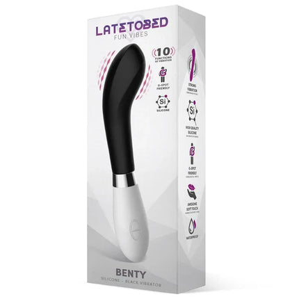 Benty Vibe Silicone Black premium vibrator with ergonomic handle and rounded tip for optimal G-spot stimulation, intuitive controls displayed.