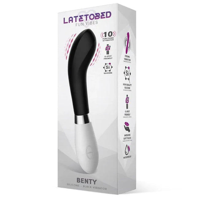 Benty Vibe Silicone Black premium vibrator with ergonomic handle and rounded tip for optimal G-spot stimulation, intuitive controls displayed.