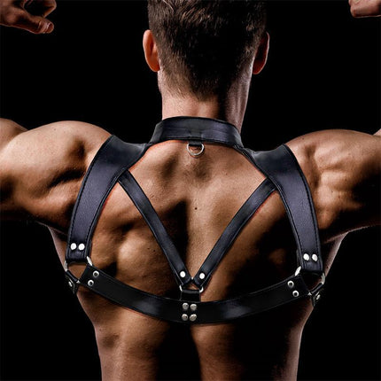 Darius Chest Bondage Harness for Men Vegan Leather displayed on a male model, showcasing the back design and rugged hardware.