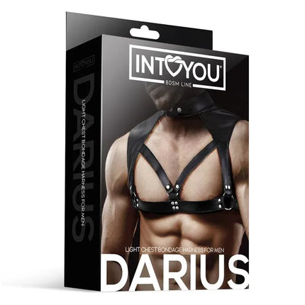 Darius Chest Bondage Harness for Men Vegan Leather packaging showing harness design on model.
