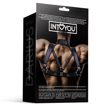 Darius Chest Bondage Harness for Men Vegan Leather packaging showcasing masculine design