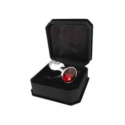 Butt plug, metal-7,3 cm long with red glass topper in black box