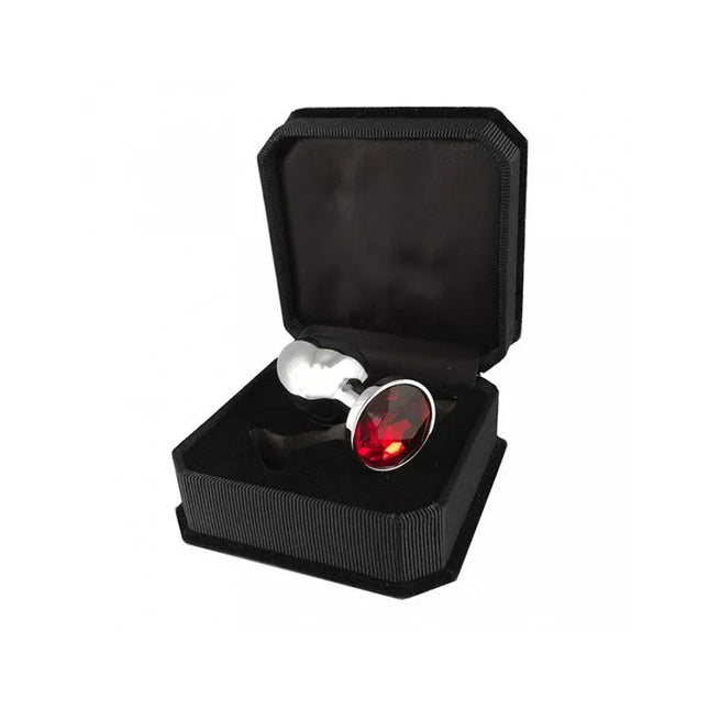 Butt plug, metal-7,3 cm long with red glass topper in black box