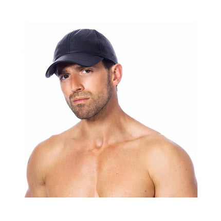 Man wearing Baseball cap-Adjustable with black leatherette finish, showing unisex design and secure fit. Perfect for bold fashion styles.