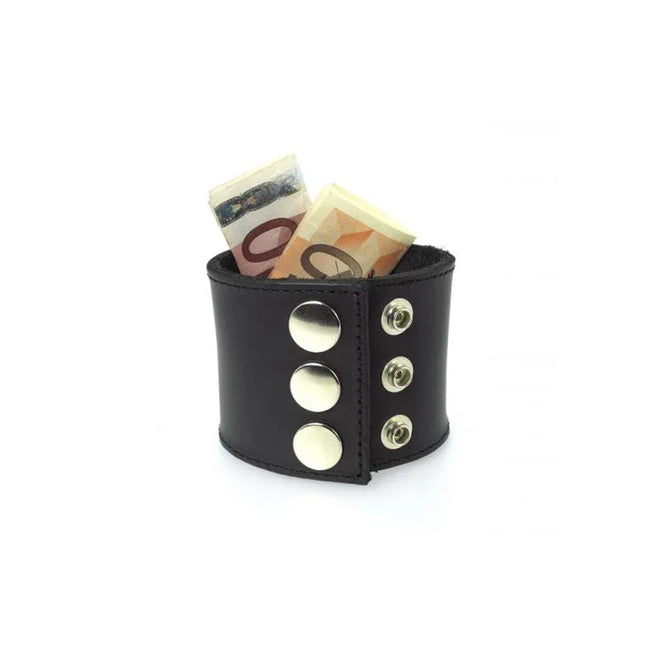 Wallet-Adjustable black leather wristband with euro notes, featuring metal buttons for a secure, custom fit.