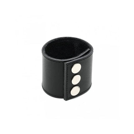 Wallet-Adjustable black leather wristband with silver buttons, fully adjustable and discreet for everyday or BDSM use, 5 cm wide.