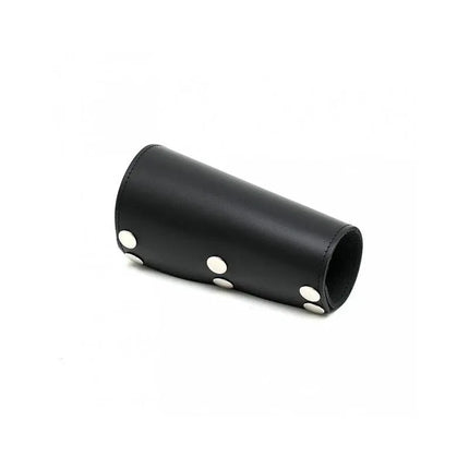 Gauntlet-Adjustable black leather wristband with pressure buttons for customized fit, designed for BDSM enthusiasts.