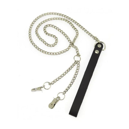 Labia/nipple leash with metal chains and leather handle, designed for BDSM play, 90 cm length. Features clips and discreet black finish.