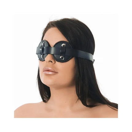 Blindfold-Adjustable premium leather mask for sensory play with adjustable back strap for secure fit, in black.