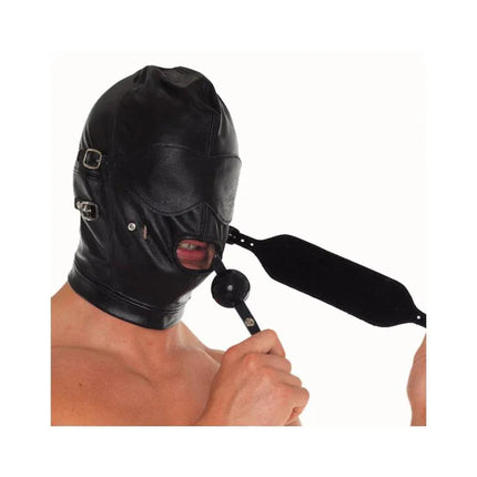 Hood-Adjustable leather mask with eye and mouth openings, shown on person holding a paddle, ideal for consensual adult play.