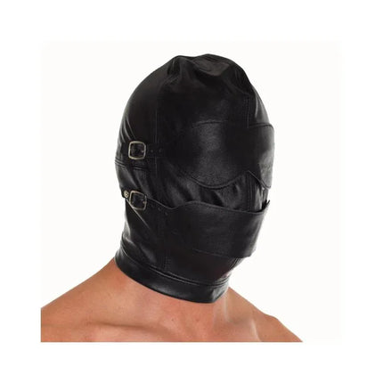 Hood-Adjustable black leather mask with eye and mouth openings, designed for immersive adult play. One size fits most.