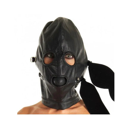 Hood-Adjustable black leather mask with eye and mouth openings for immersive adult play.