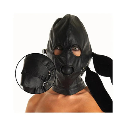Hood-Adjustable leather mask with modular design, black leather finish, eye and mouth openings for adult consensual play.