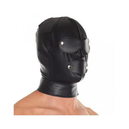 Hood-Adjustable leather BDSM mask with loops and buckles for customizable fit, black, premium material for secure play.
