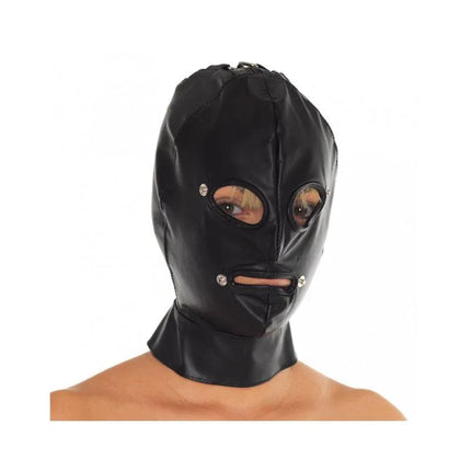 Hood-Adjustable leather hood BDSM mask, black leather with eye and mouth openings for secure and customizable fit.