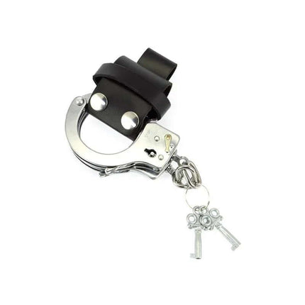 Cuff case-Adjustable - black leather handcuff holder with silver handcuffs and keys, ideal for discreet everyday carry.