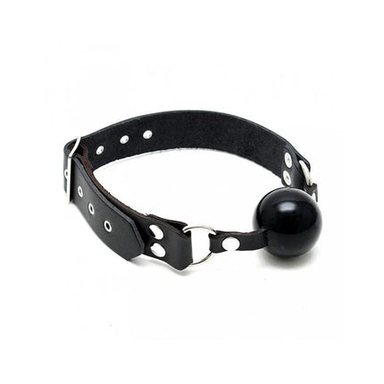 Mouthgag-Adjustable black leather strap with black silicone ball for BDSM play, featuring adjustable sizing for comfort.