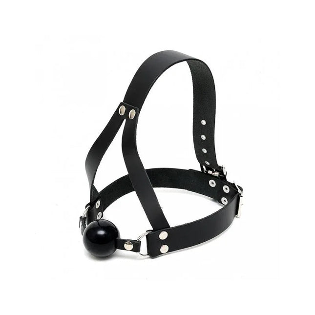 Mouthgag-Adjustable: Black leather and silicone BDSM mouth gag with customizable fit, featuring an 8-position steel buckle closure.