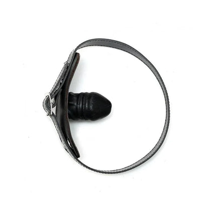 Mouthgag-Adjustable black leather gag with latex insert for BDSM, featuring secure and customizable fit for immersive play.