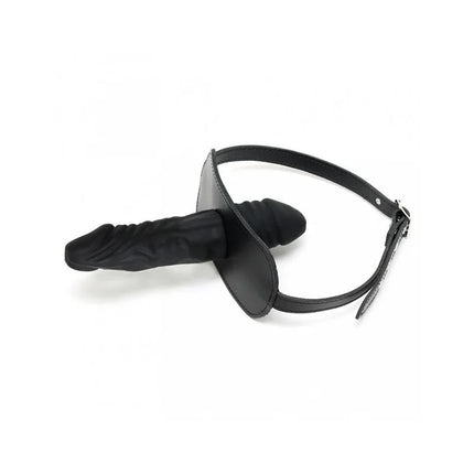 Mouthgag-Adjustable black leather gag with attached latex element, designed for BDSM play, featuring a secure and adaptable strap.